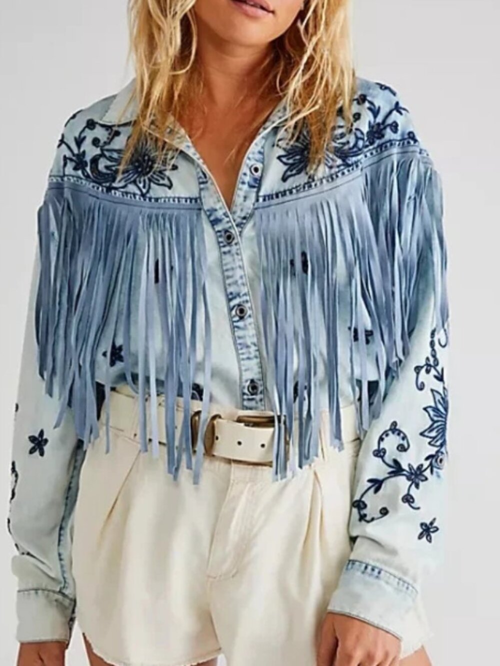 Free People Great Plains Fringe Denim Top Embroidered Fringes S